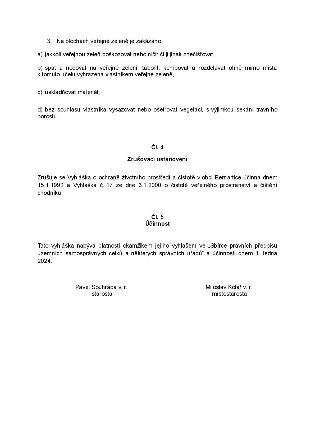 Obecně závazná vyhláška městyse Bernartice k zajištění udržování čistoty ulic a jiných veřejných prostranství k ochraně životního prostředí, zeleně v zástavbě a ostatní veřejné zeleně