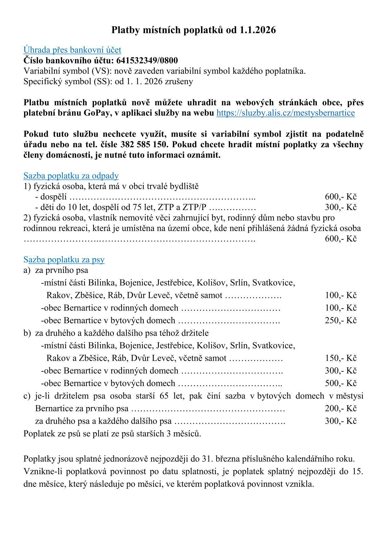 Úhrada poplatků (za odpady, za psy a jiné) platná od 01.01.2026