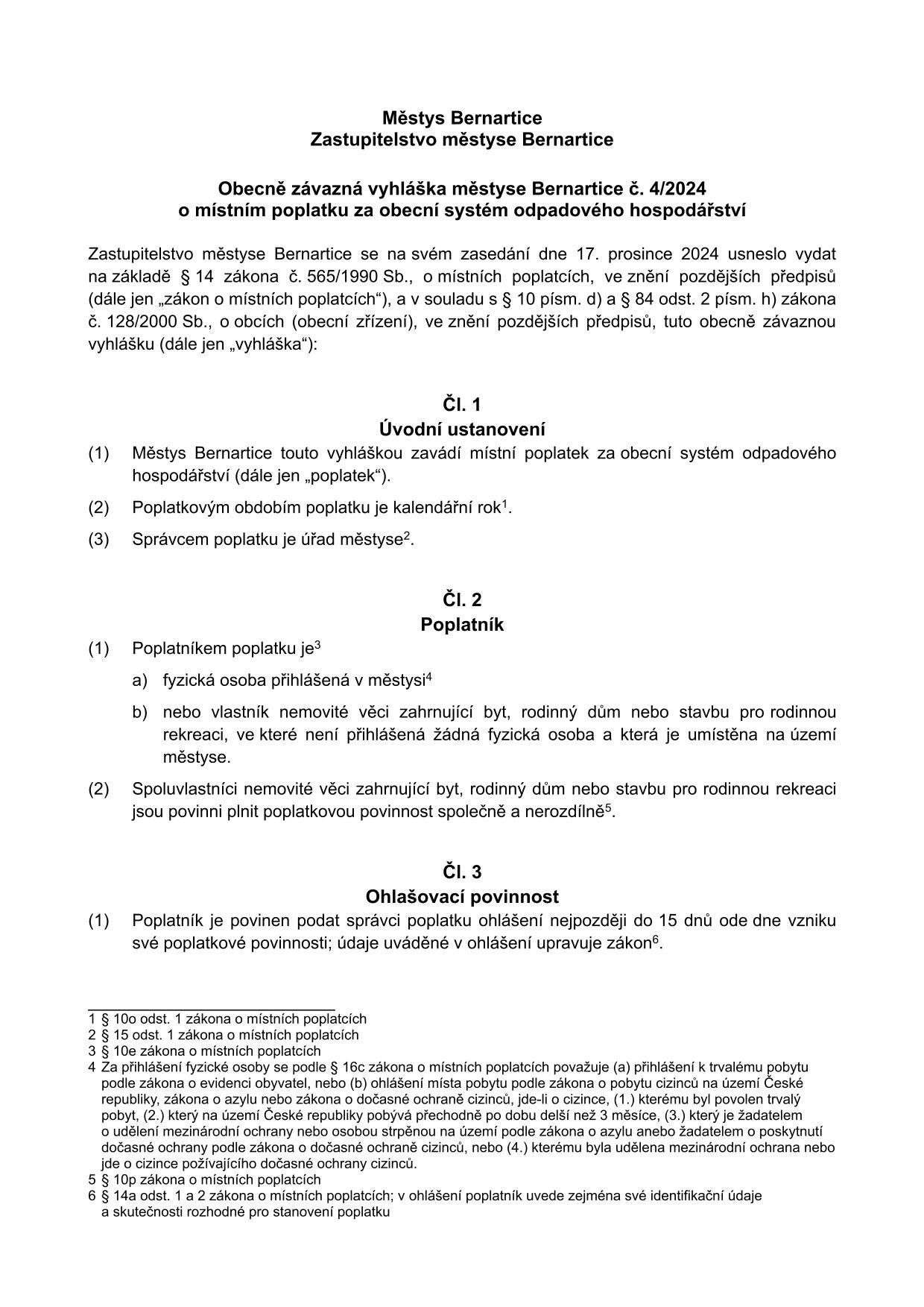 Obecně závazná vyhláška městyse Bernartice o místním poplatku za obecní systém odpadového hospodářství