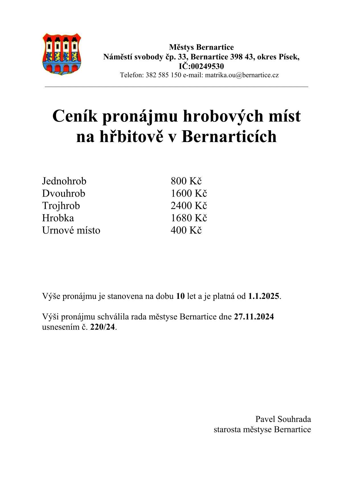 Ceník pronájmu hrobových míst na hřbitově v Bernarticích