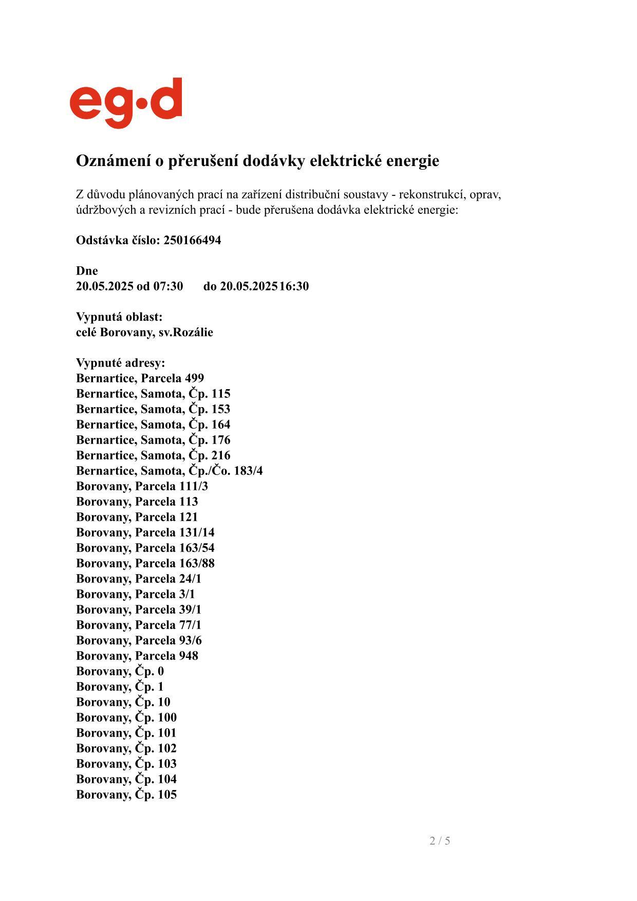 Oznámení o přerušení dodávky elektrické energie