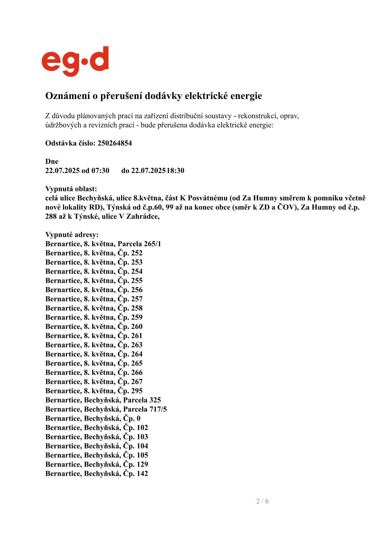 Oznámení o přerušení dodávky elektrické energie