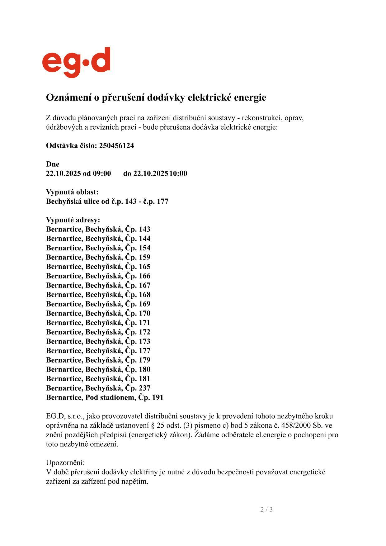Oznámení o přerušení dodávky elektrické energie