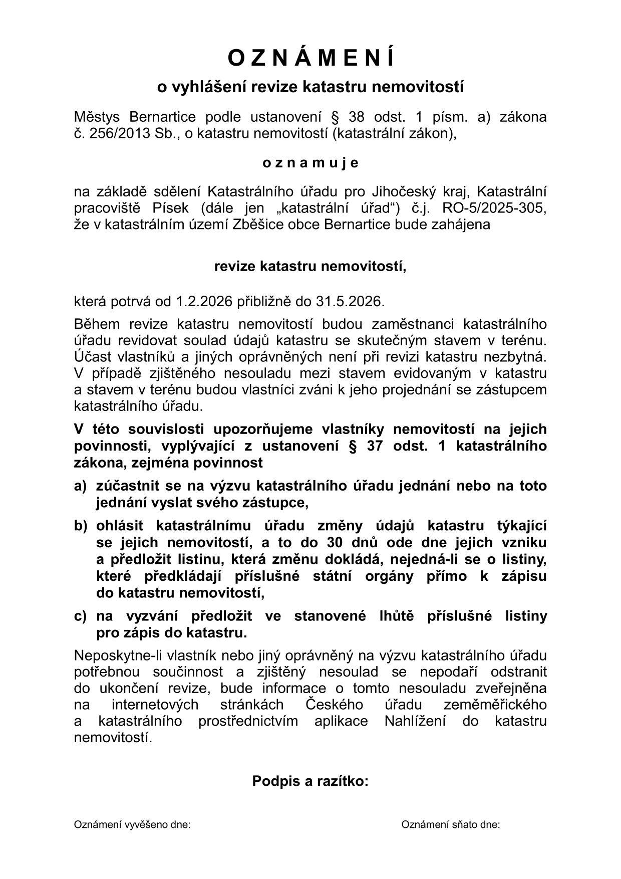 Oznámení o vyhlášení revize katastru nemovitostí - katastrální území Zběšice