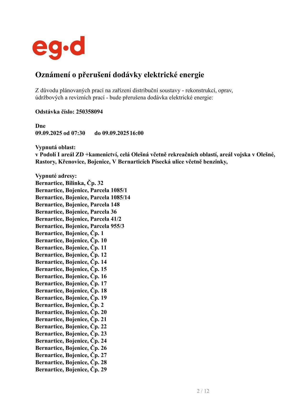 Oznámení o přerušení dodávky elektrické energie