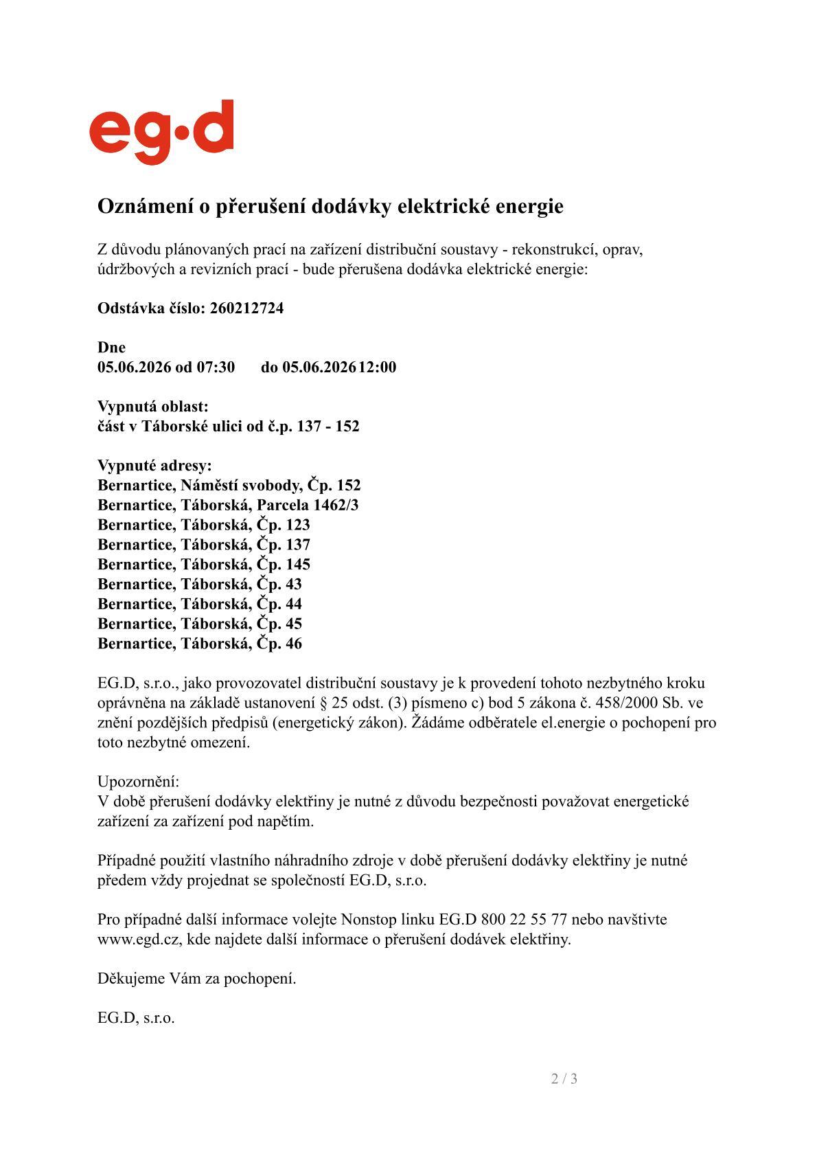 Oznámení o přerušení dodávky elektrické energie