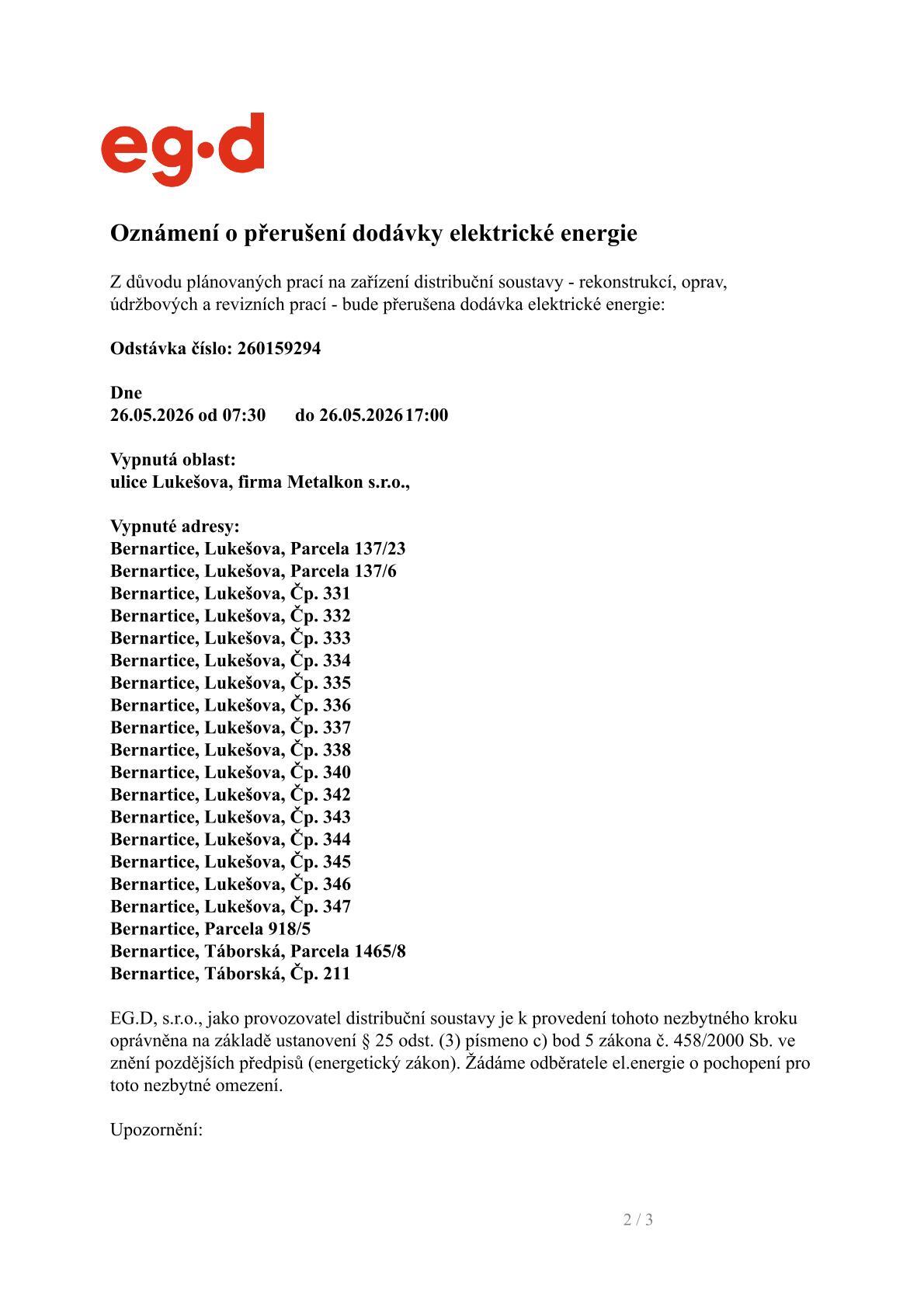 Oznámení o přerušení dodávky elektrické energie