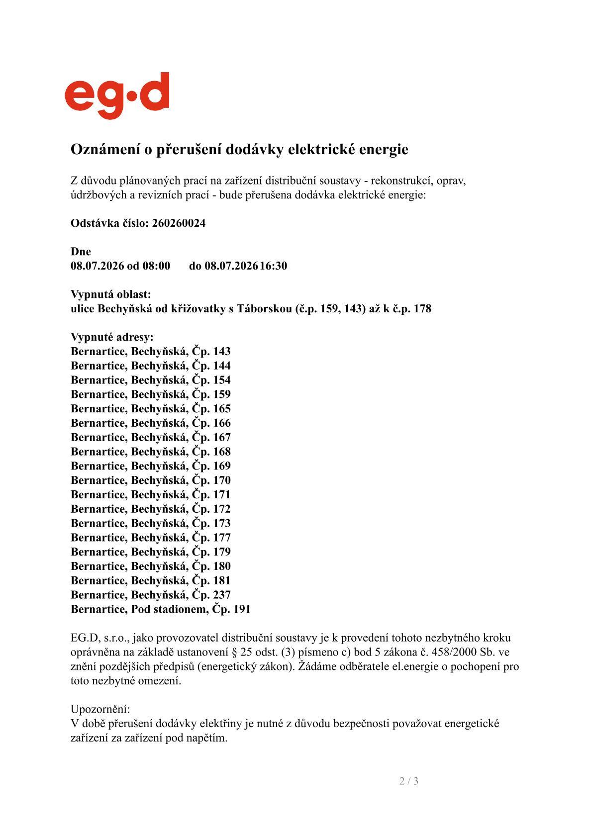 Oznámení o přerušení dodávky elektrické energie