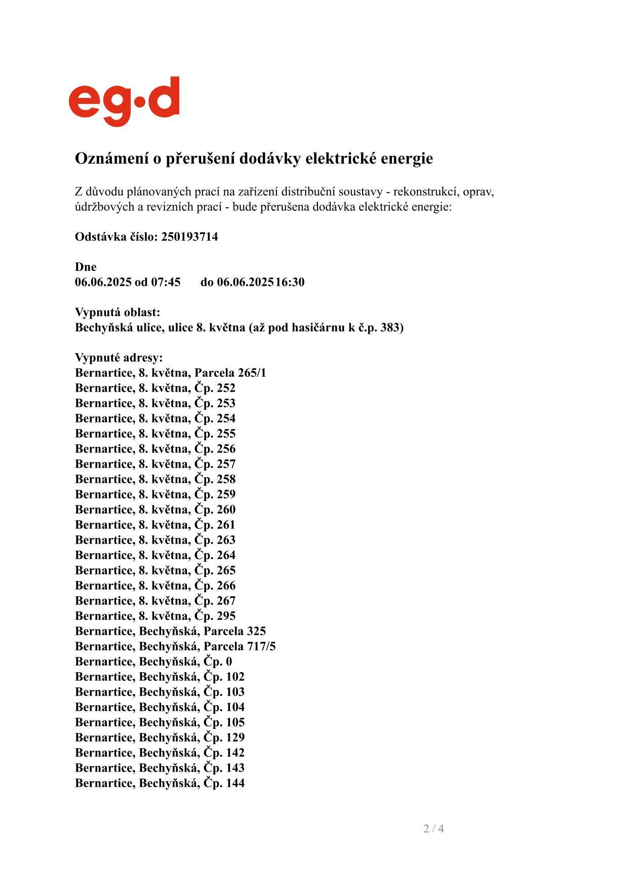 Oznámení o přerušení dodávky elektrické energie