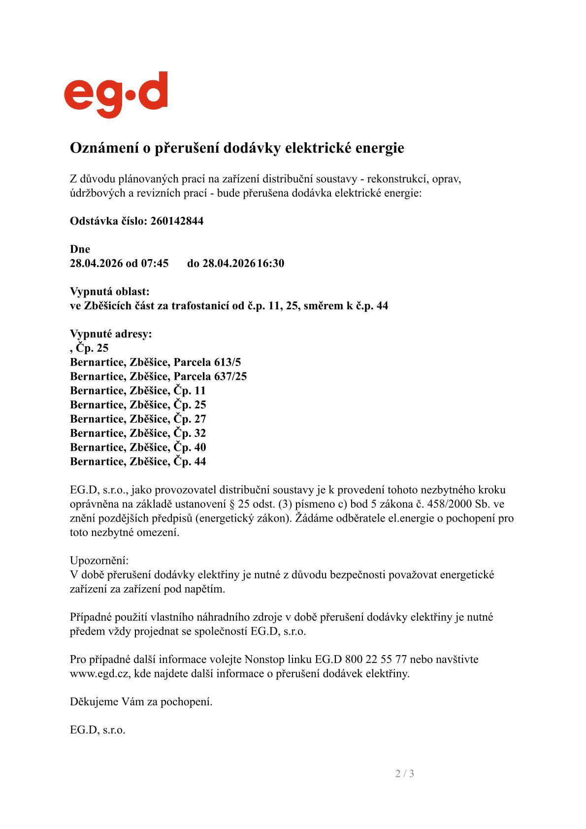 Oznámení o přerušení dodávky elektrické energie