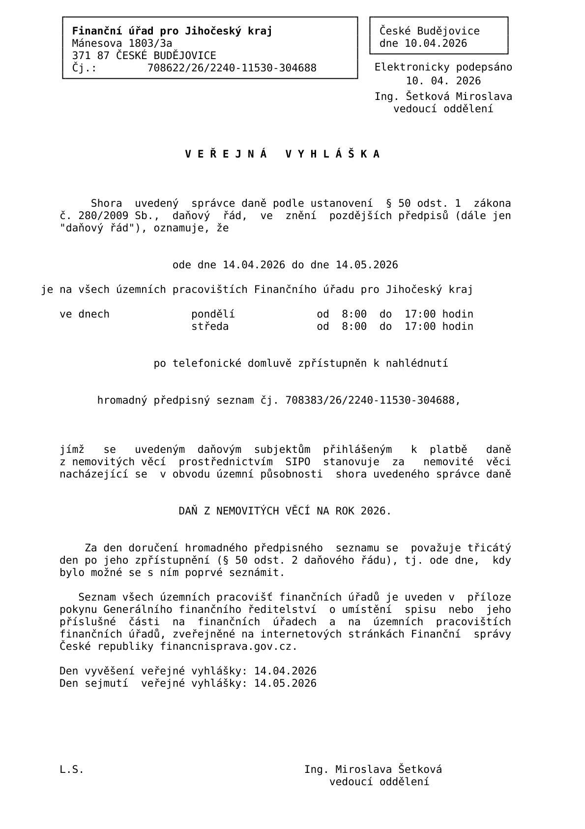 Veřejná vyhláška - daň z nemovitých věcí na rok 2026