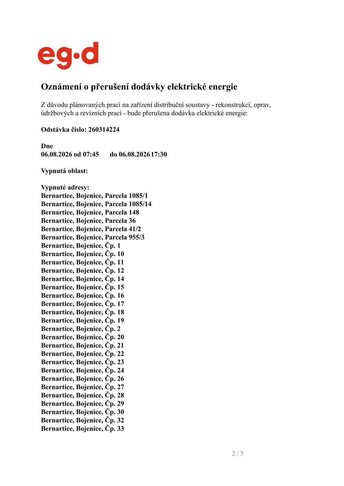 Oznámení o přerušení dodávky elektrické energie