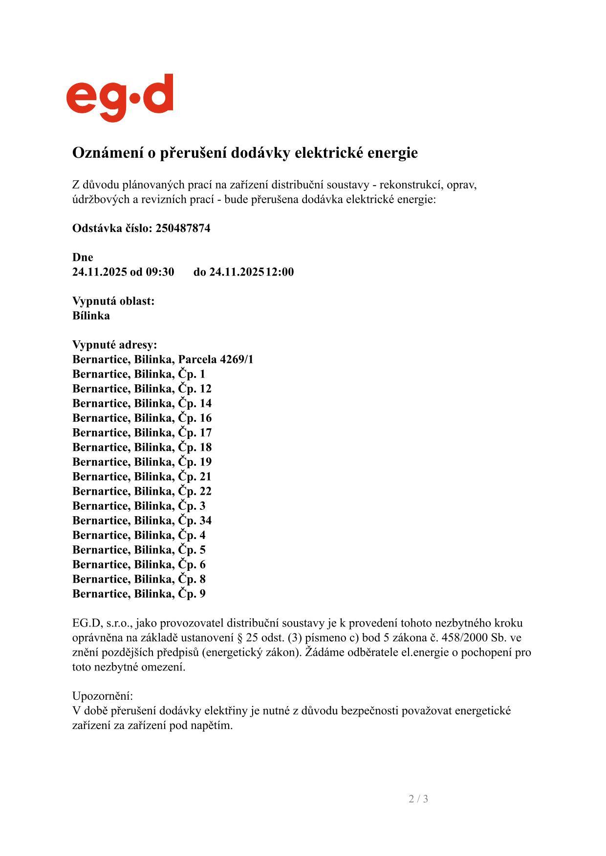 Oznámení o přerušení dodávky elektrické energie