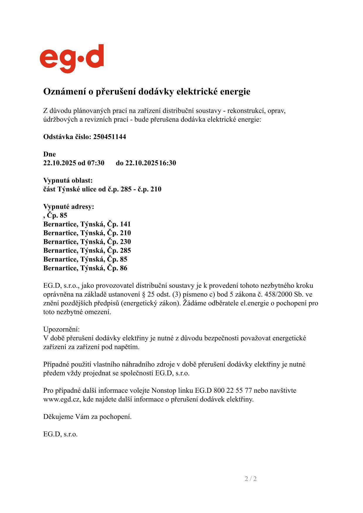 Oznámení o přerušení dodávky elektrické energie