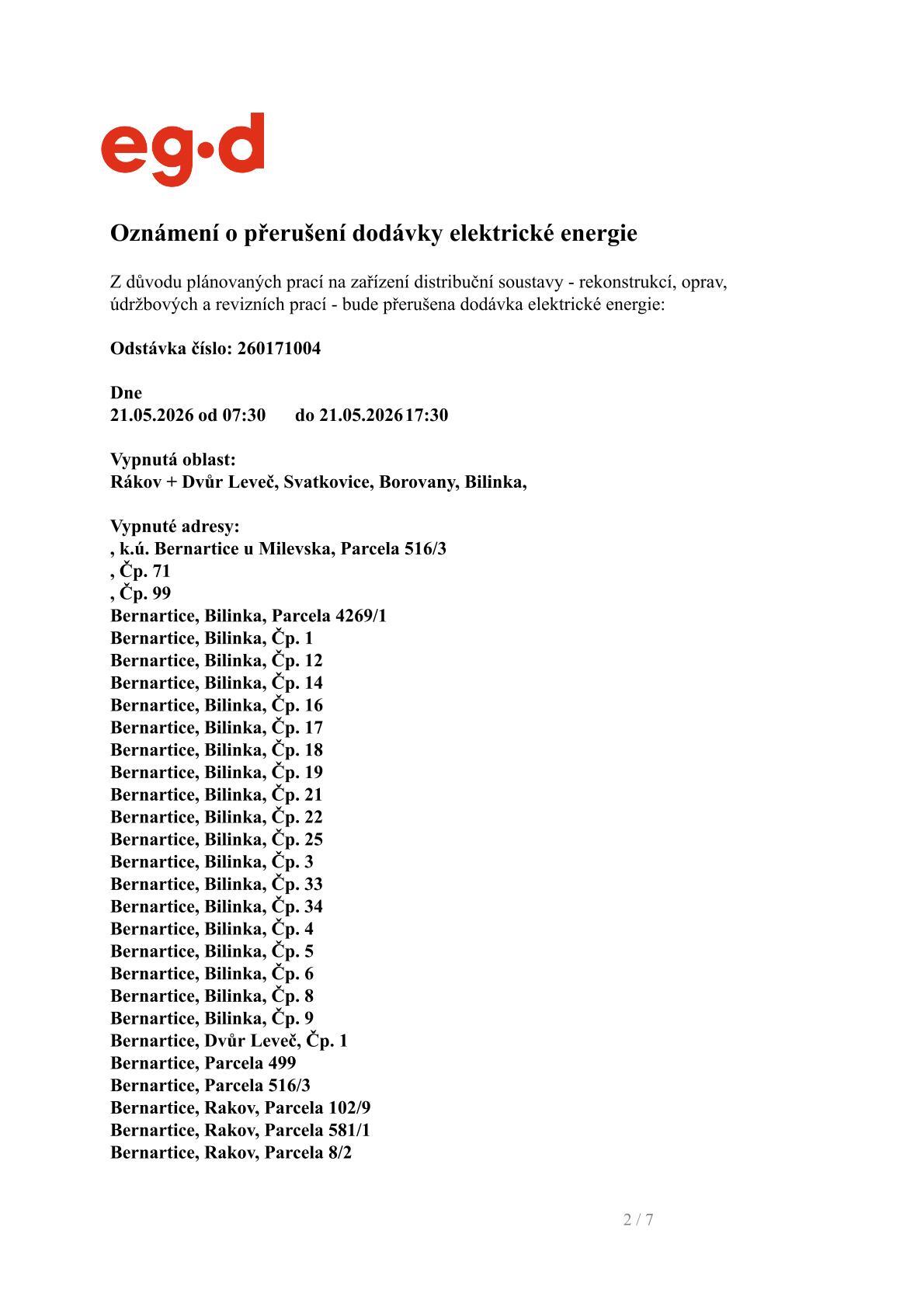 Oznámení o přerušení dodávky elektrické energie