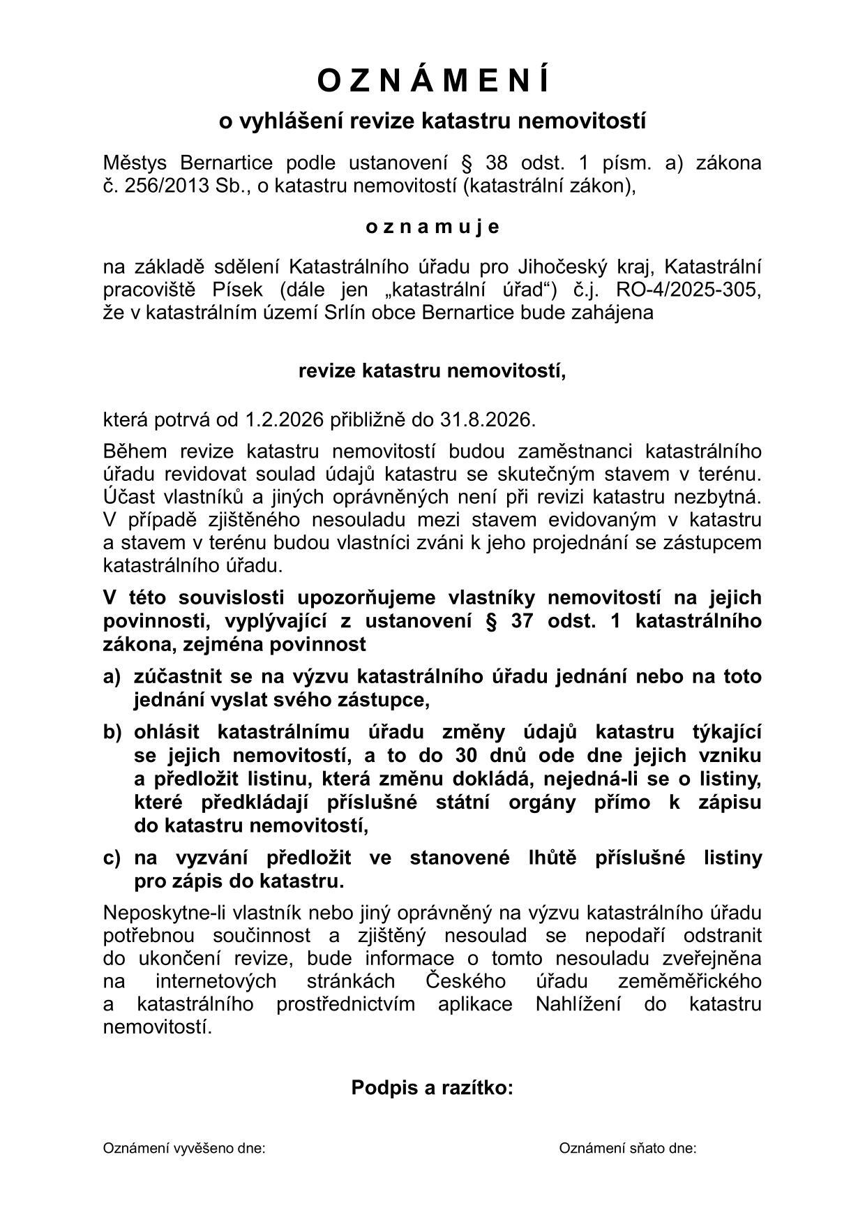 Oznámení o vyhlášení revize katastru nemovitostí - katastrální území Srlín