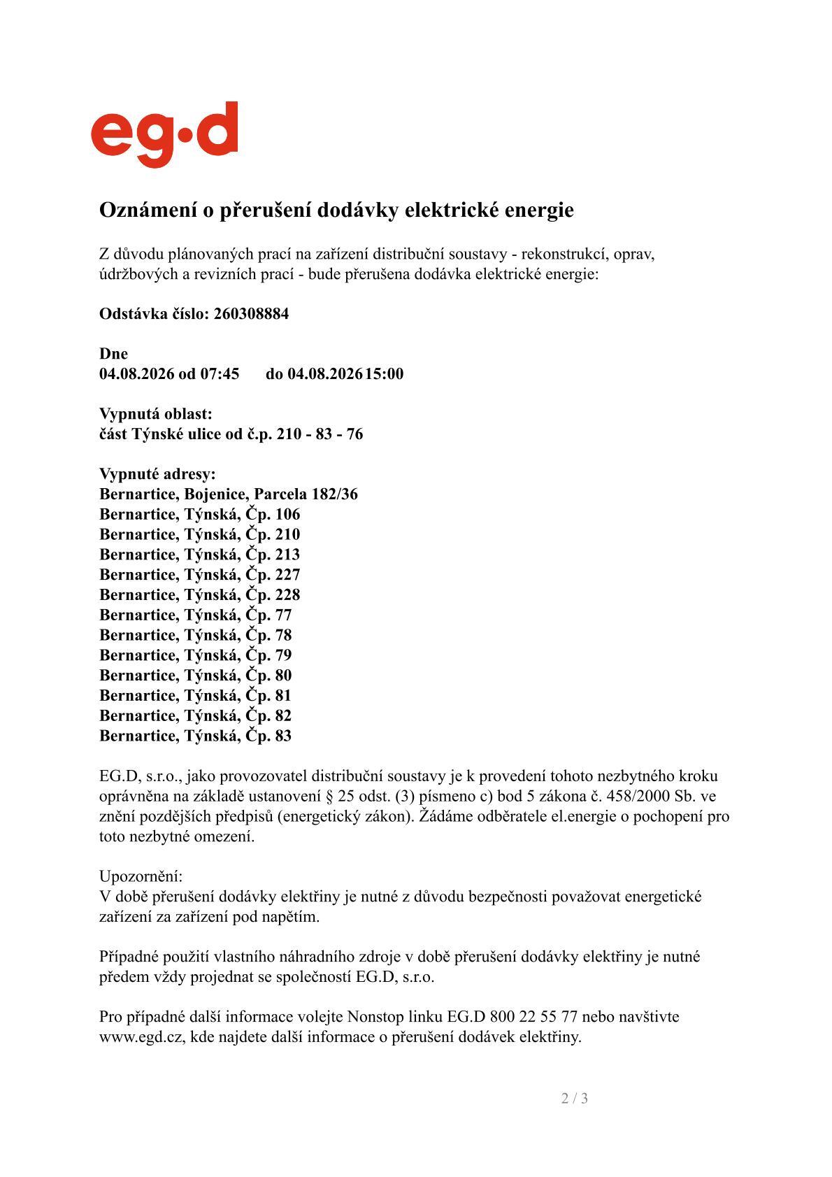 Oznámení o přerušení dodávky elektrické energie