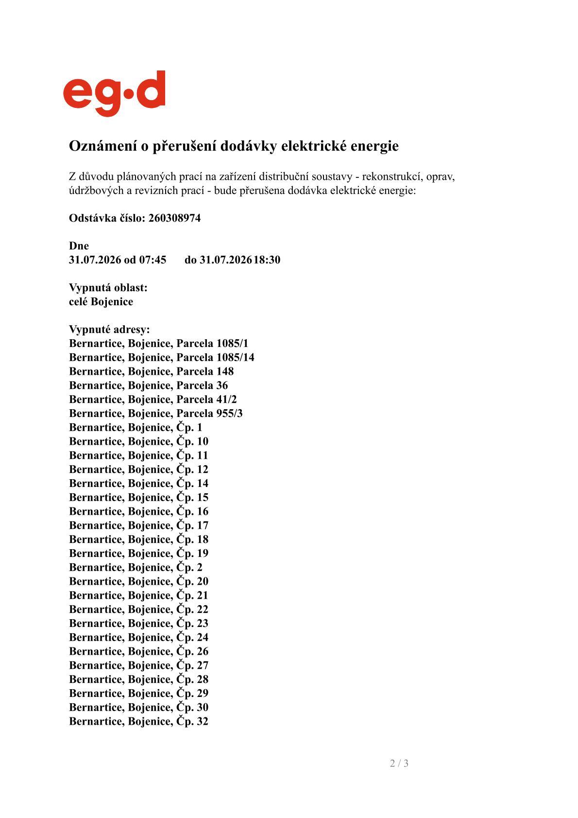 Oznámení o přerušení dodávky elektrické energie