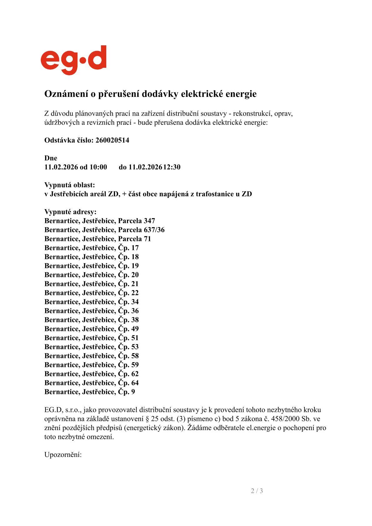 Oznámení o přerušení dodávky elektrické energie