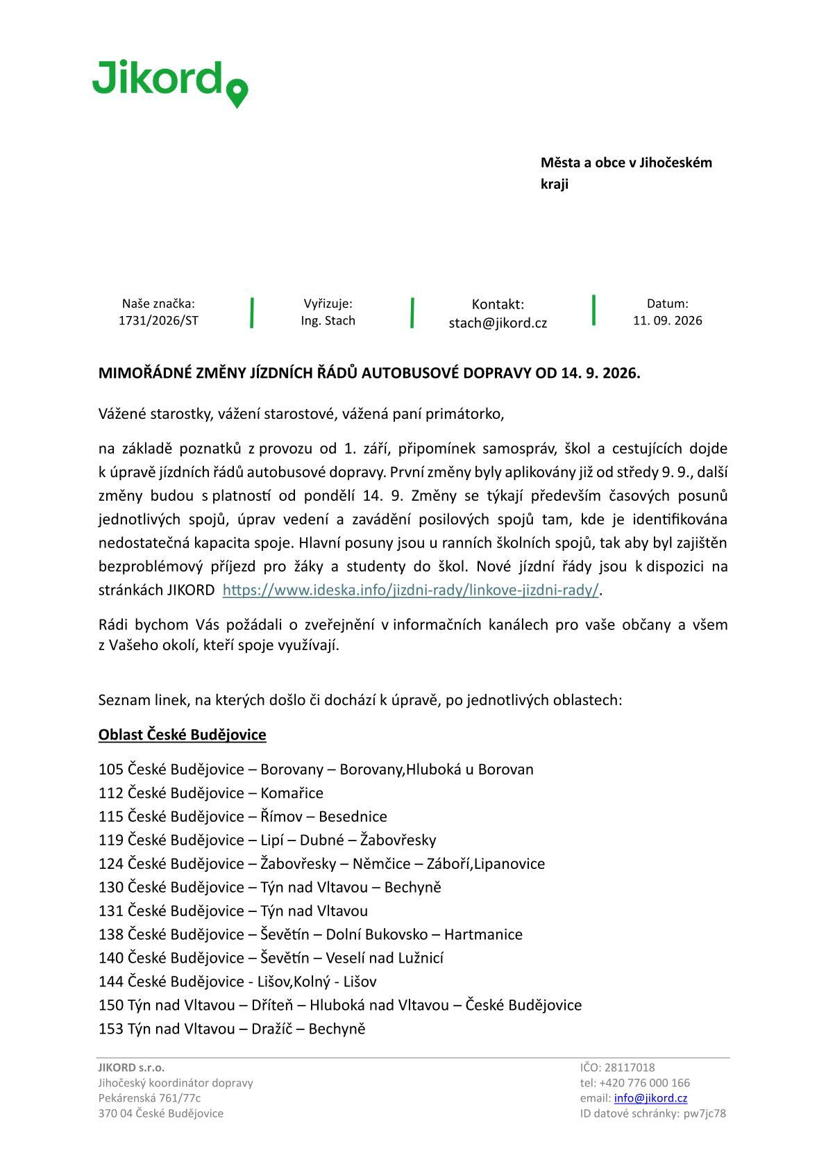 Mimořádné změny jízdních řádů autobusové dopravy od 14.9.2026