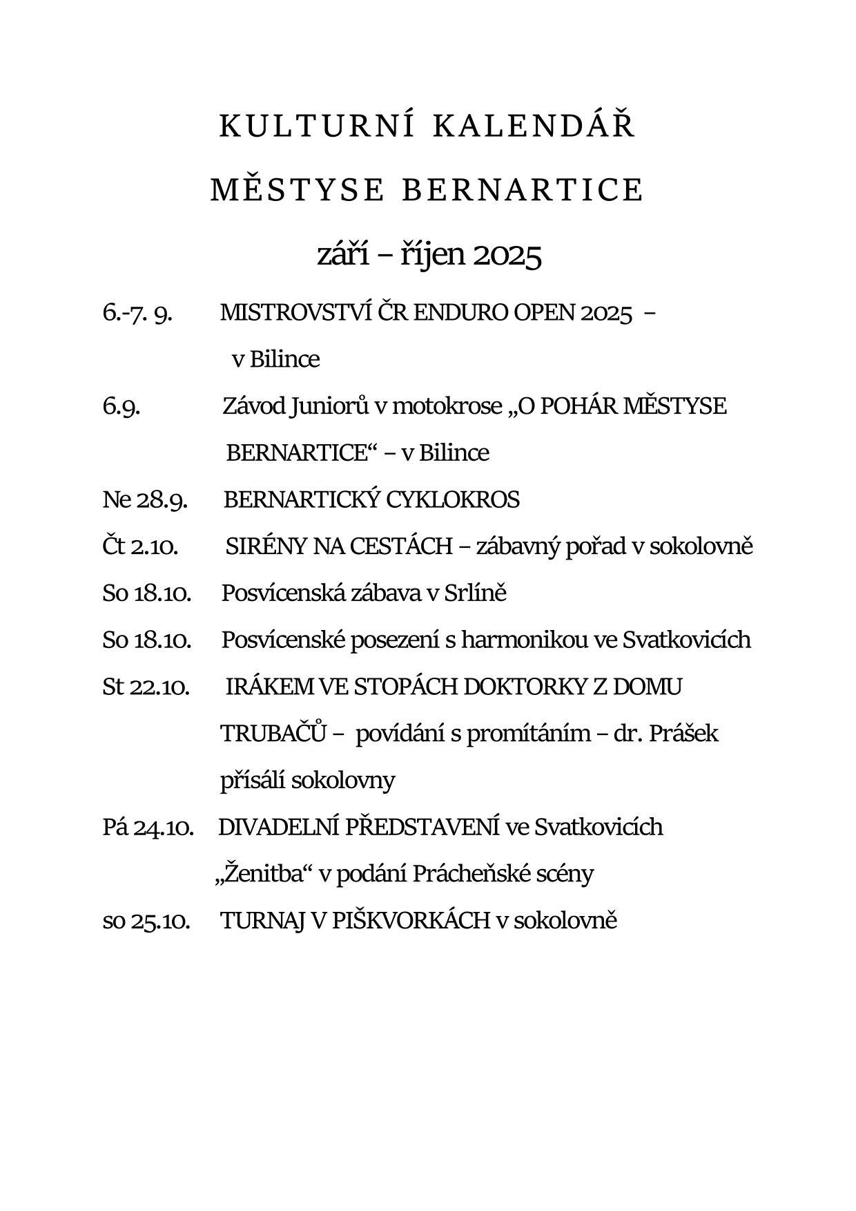 Kulturní kalendář městyse Bernartice "září - říjen"