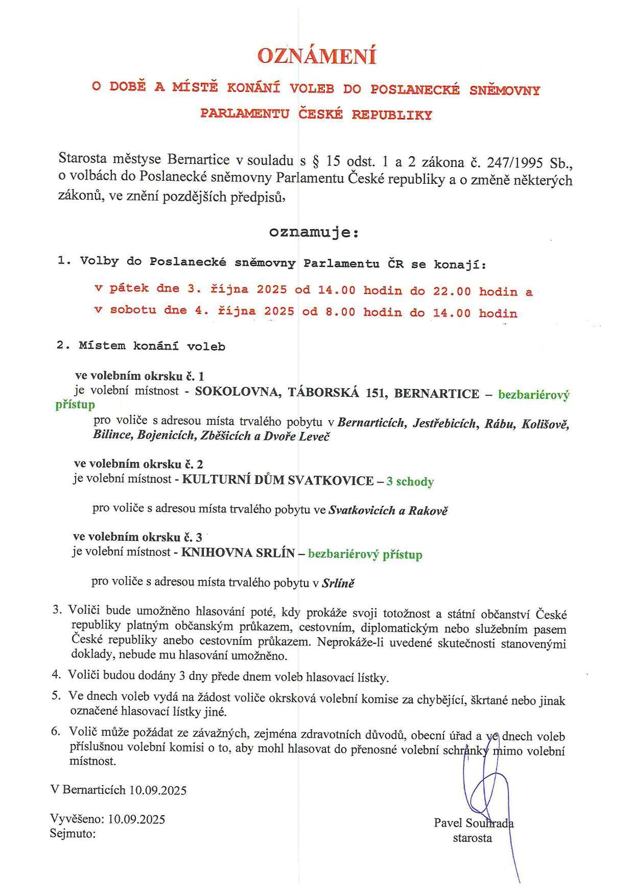 Oznámení o době a místě konání voleb do Poslanecké sněmovny Parlamentu České republiky