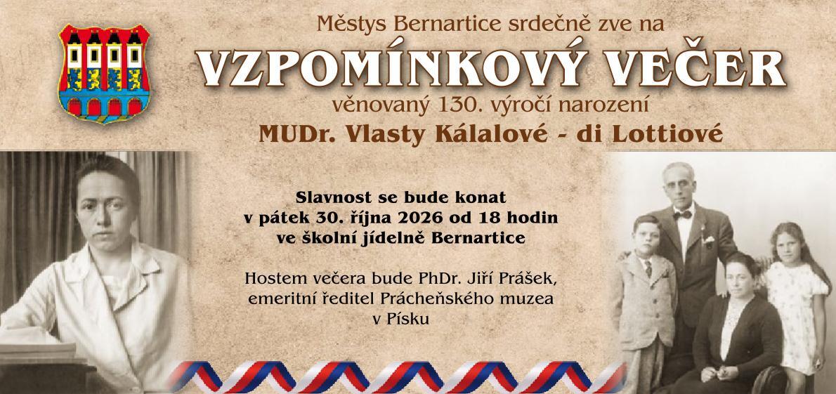 Pozvánka na vzpomínkový večer věnovaný 130. výročí narození MUDr. Vlasty Kálalové - di Lottiové