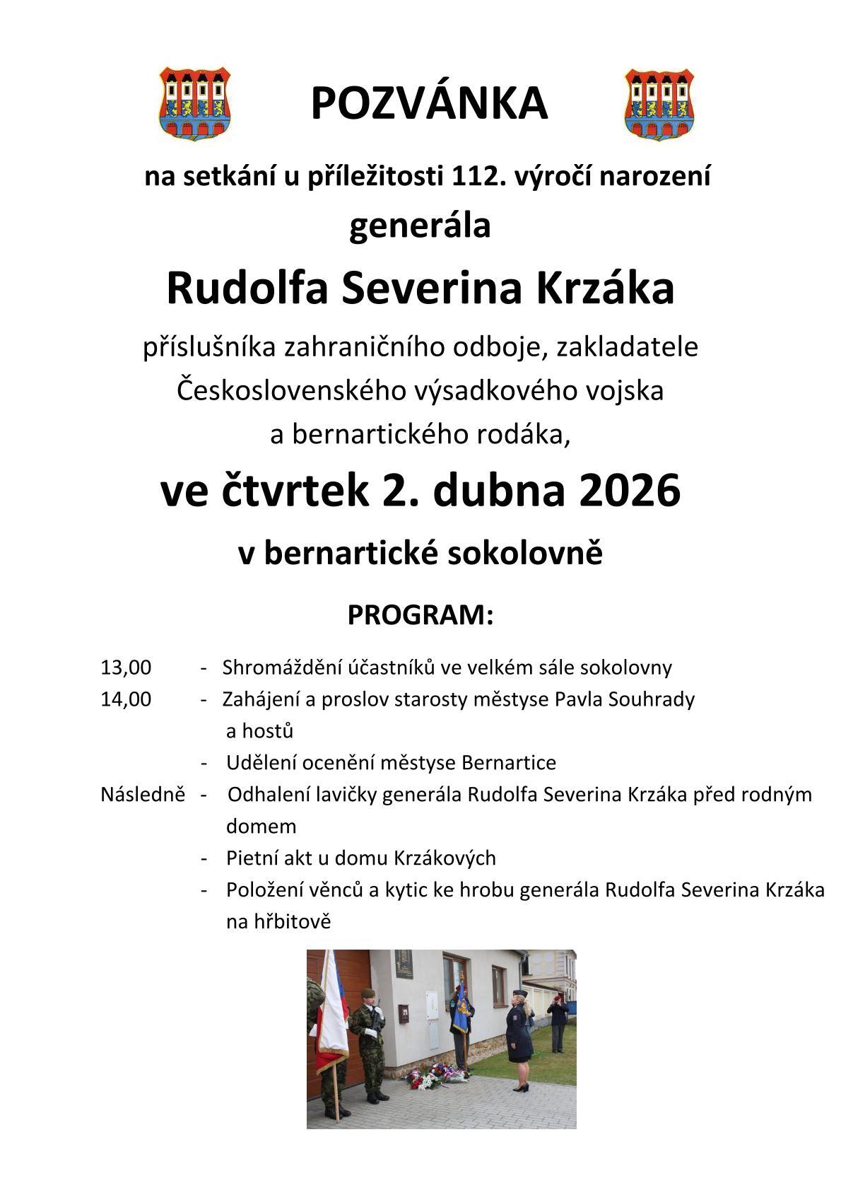 Pozvánka na setkání u příležitosti 112. výročí narození generála  Rudolfa Severina Krzáka