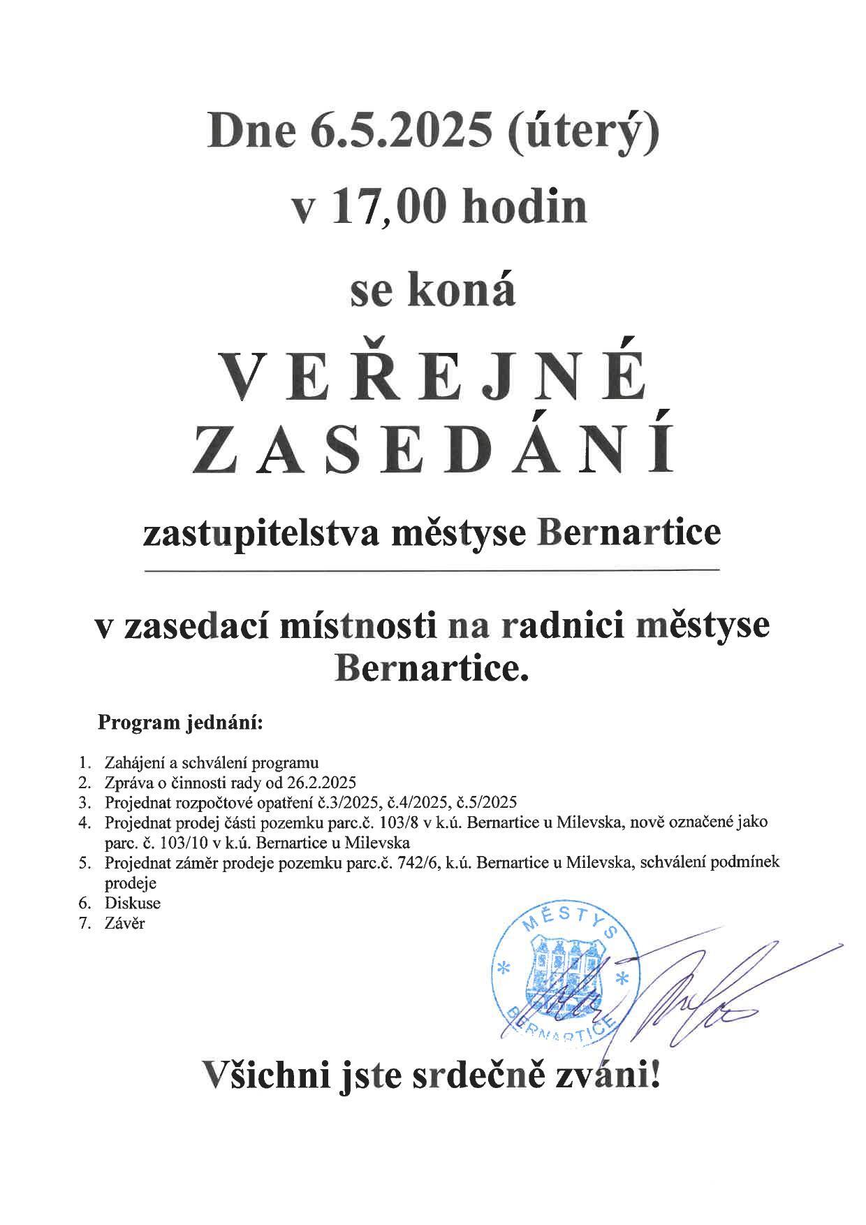 Pozvánka na veřejné zasedání zastupitelstva městyse Bernartice	