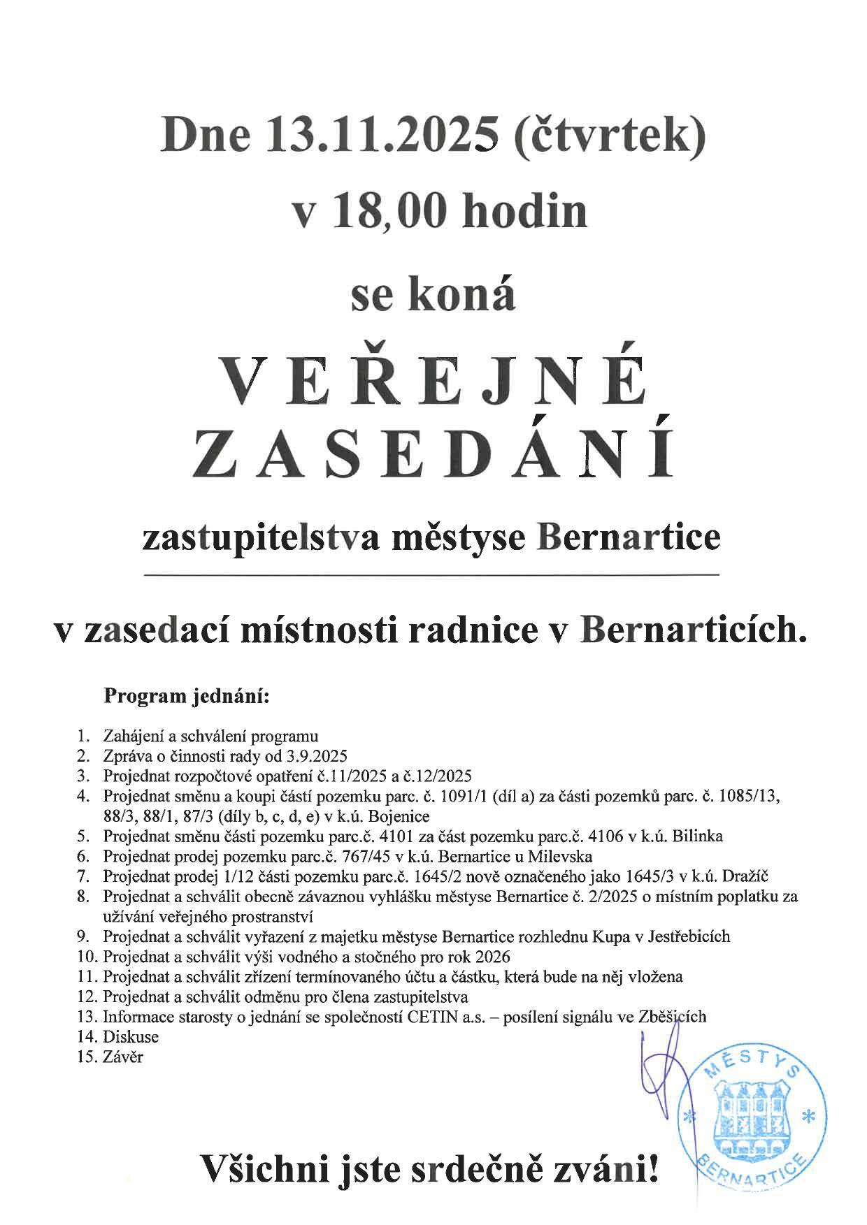 Pozvánka na veřejné zasedání zastupitelstva městyse Bernartice