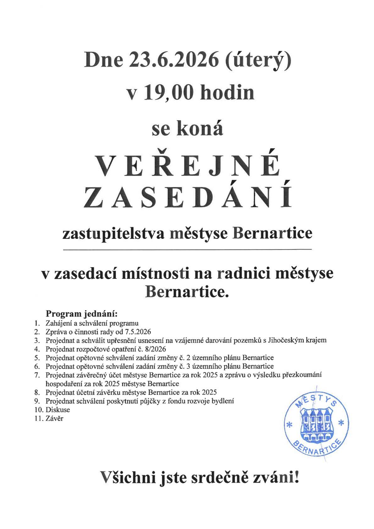 Pozvánka na veřejné zasedání zastupitelstva městyse Bernartice