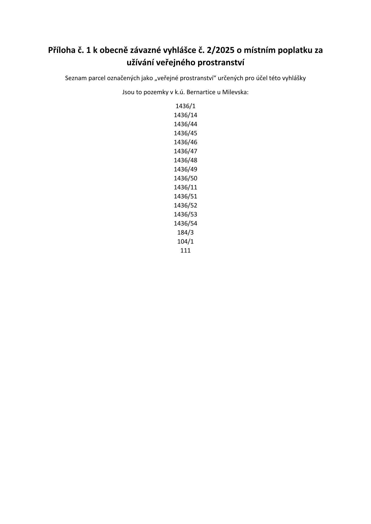 Obecně závazná vyhláška městyse Bernartice č. 2/2025 o místním poplatku za užívání veřejného prostranství