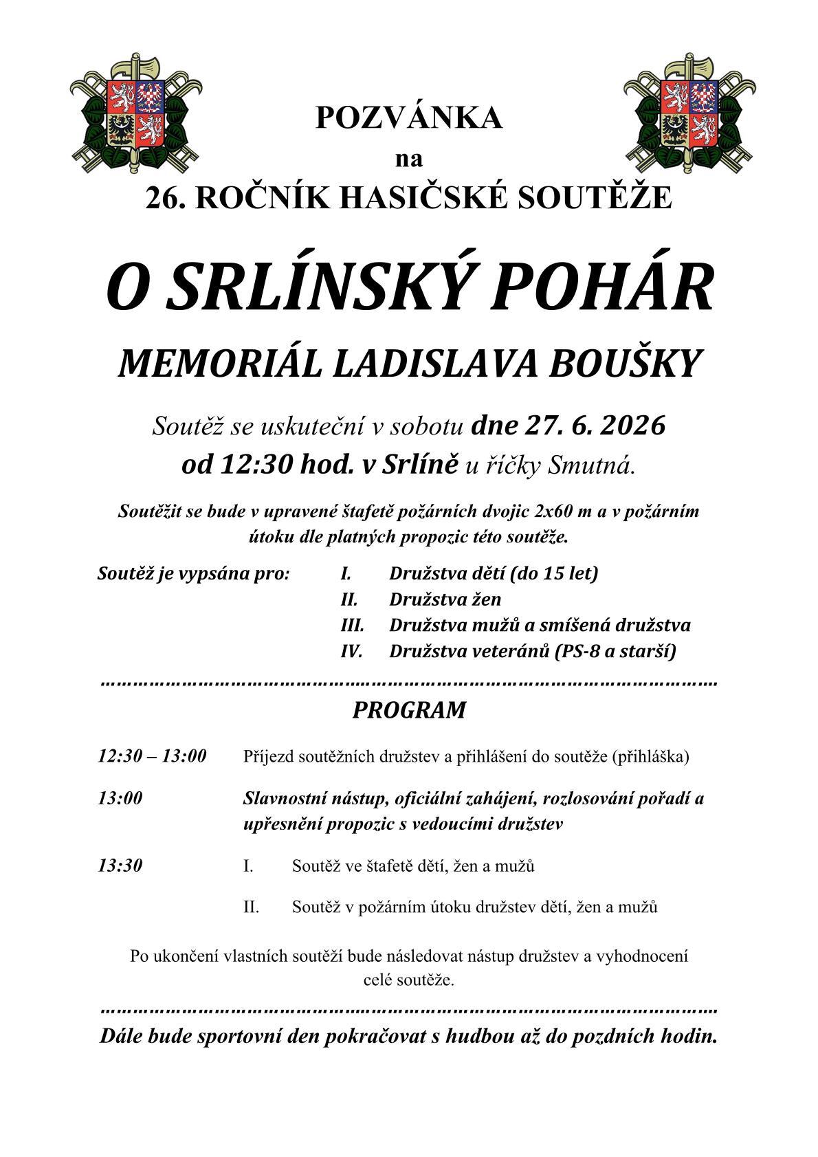 Pozvánka na 26. ročník soutěže "O SRLÍNSKÝ POHÁR"