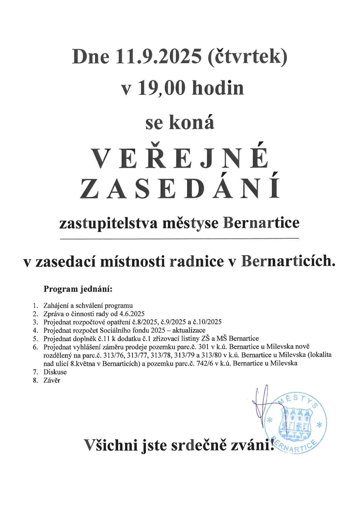 Pozvánka na veřejné zasedání zastupitelstva městyse Bernartice