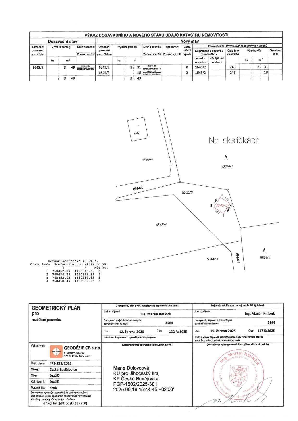 Městys Bernartice oznamuje záměr prodeje části pozemku tj. 1/12 parc.č. 1645/3 v k.ú. Dražíč