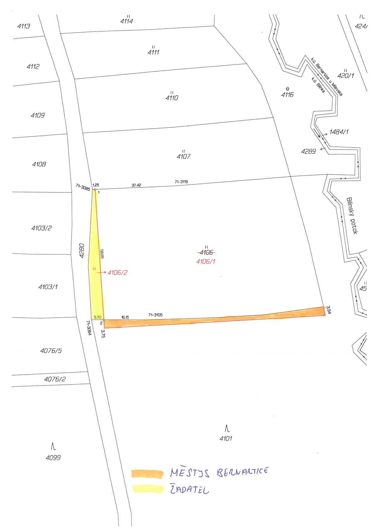 Městys Bernartice oznamuje záměr směny části pozemku parc.č. 4101 v k.ú. Bilinka za část pozemku parc.č. 4106 v k.ú. Bilinka