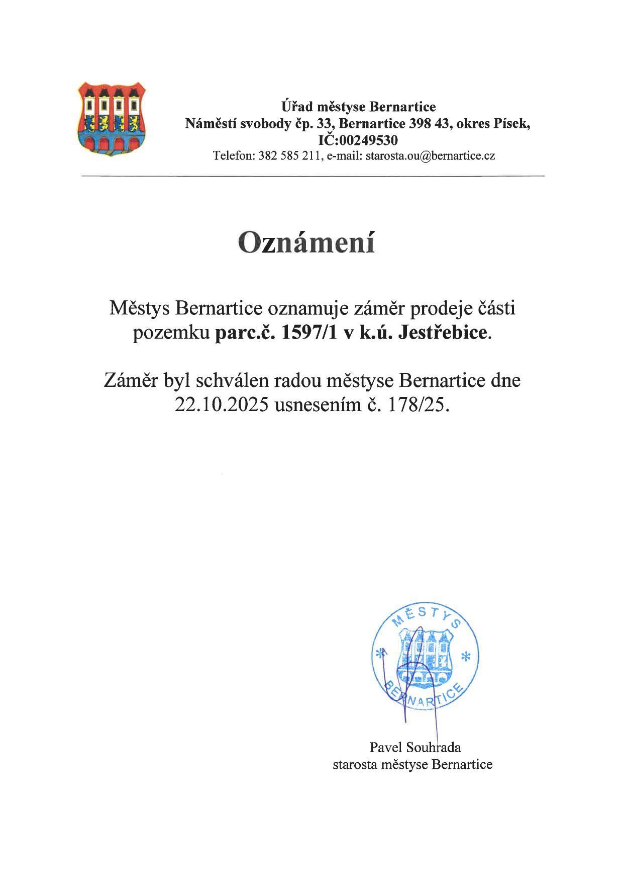 Městys Bernartice oznamuje záměr prodeje části pozemku parc.č. 1597/1 v k.ú. Jestřebice