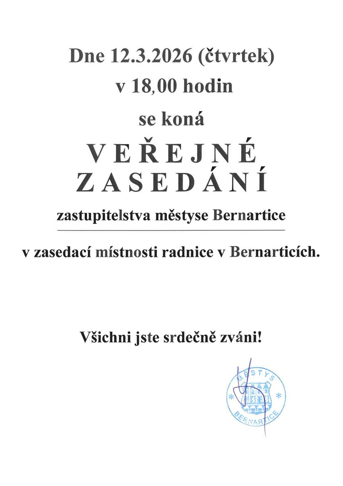 Pozvánka na veřejné zasedání zastupitelstva městyse Bernartice