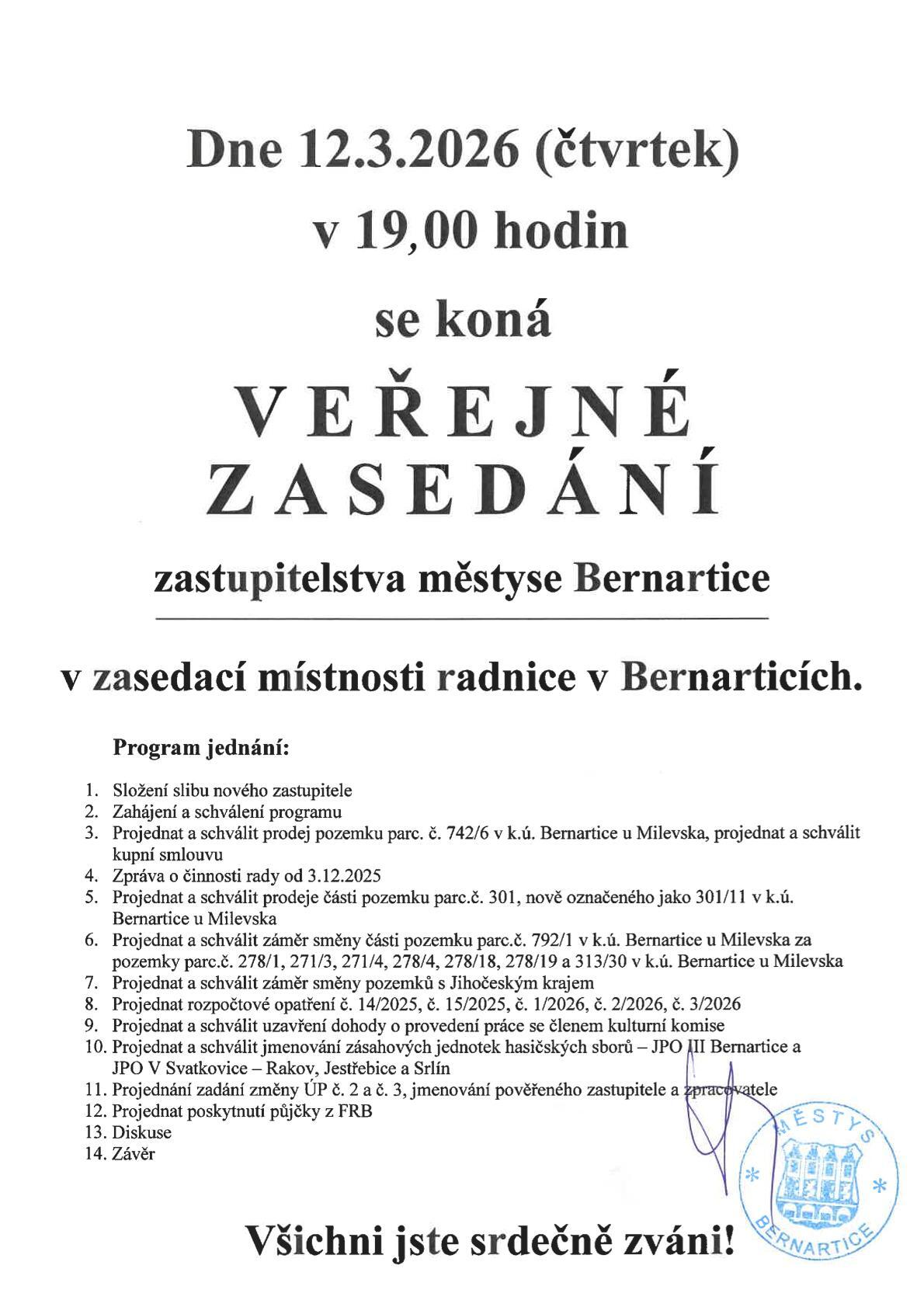 Pozvánka na veřejné zasedání zastupitelstva městyse Bernartice