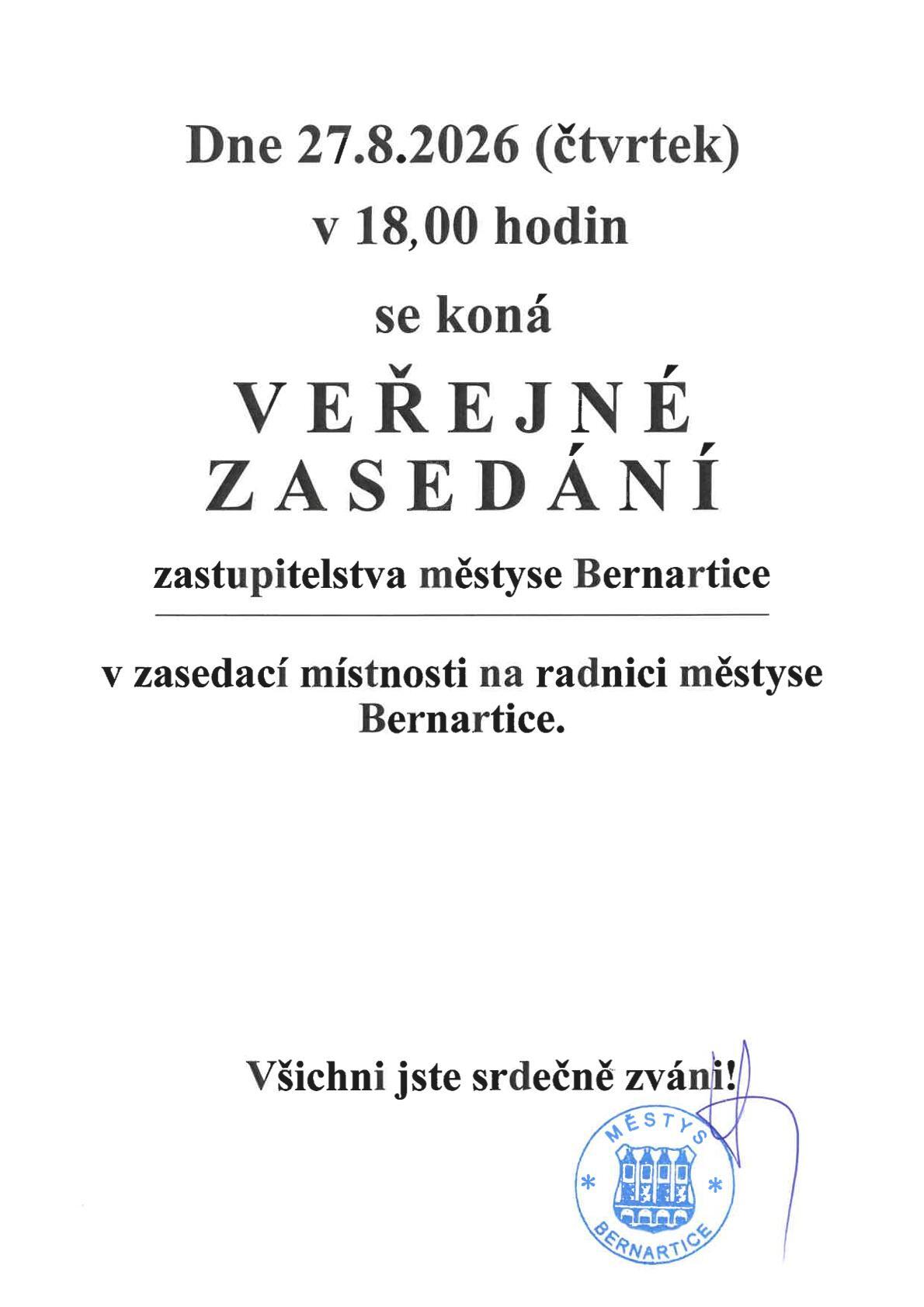 Pozvánka na veřejné zasedání zastupitelstva městyse Bernartice