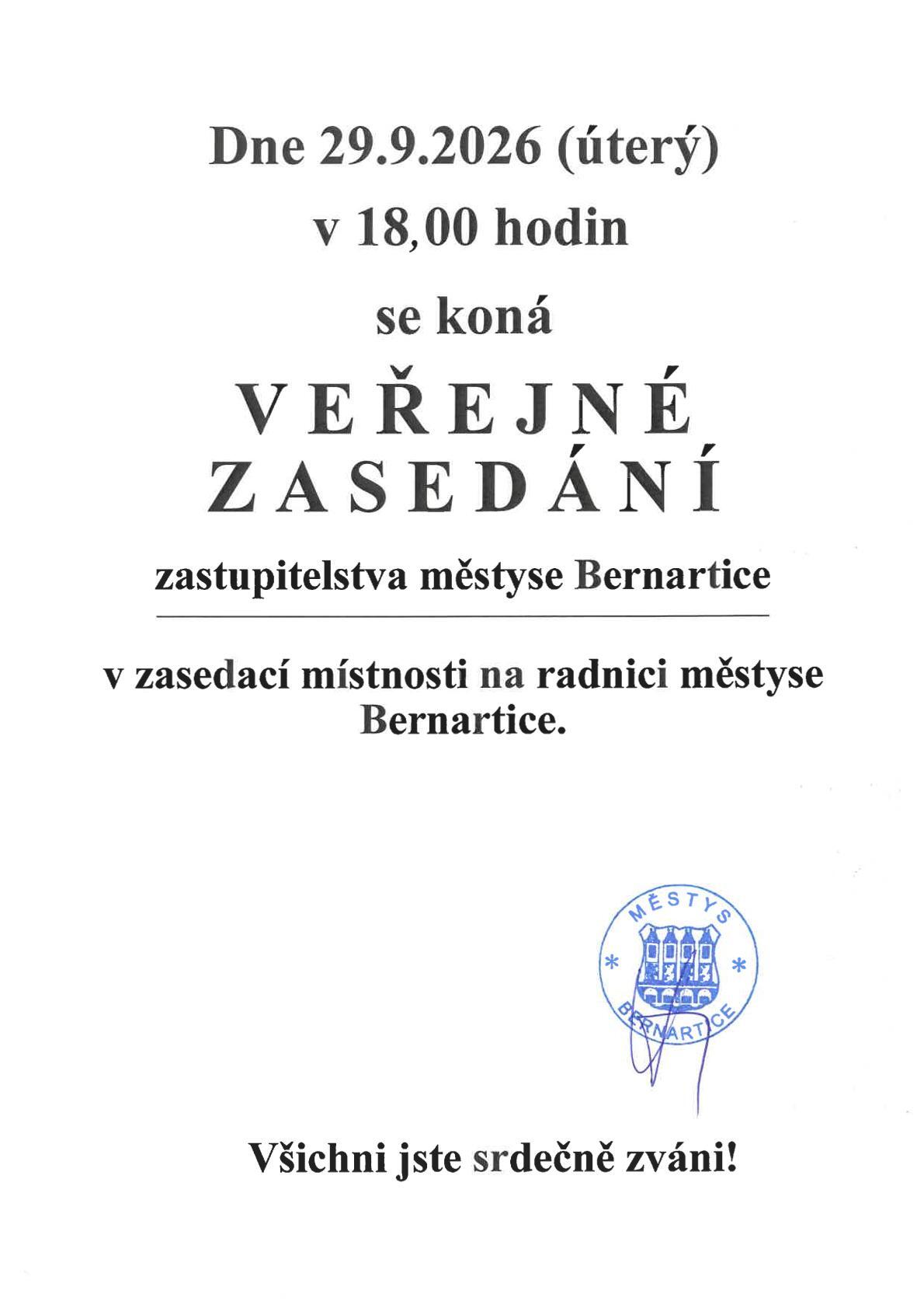 Pozvánka na veřejné zasedání zastupitelstva městyse Bernartice
