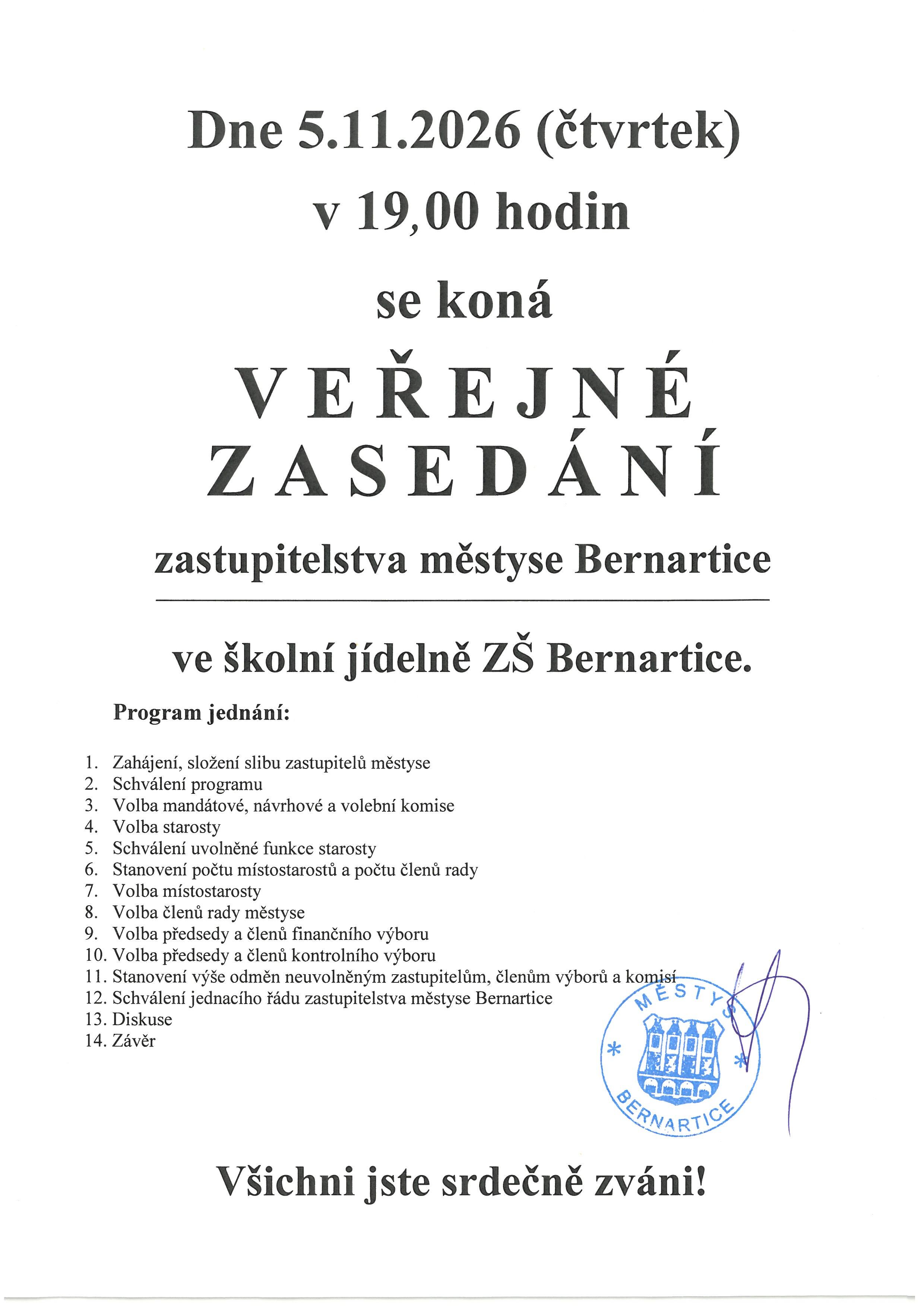 Pozvánka na veřejné zasedání zastupitelstva městyse Bernartice
