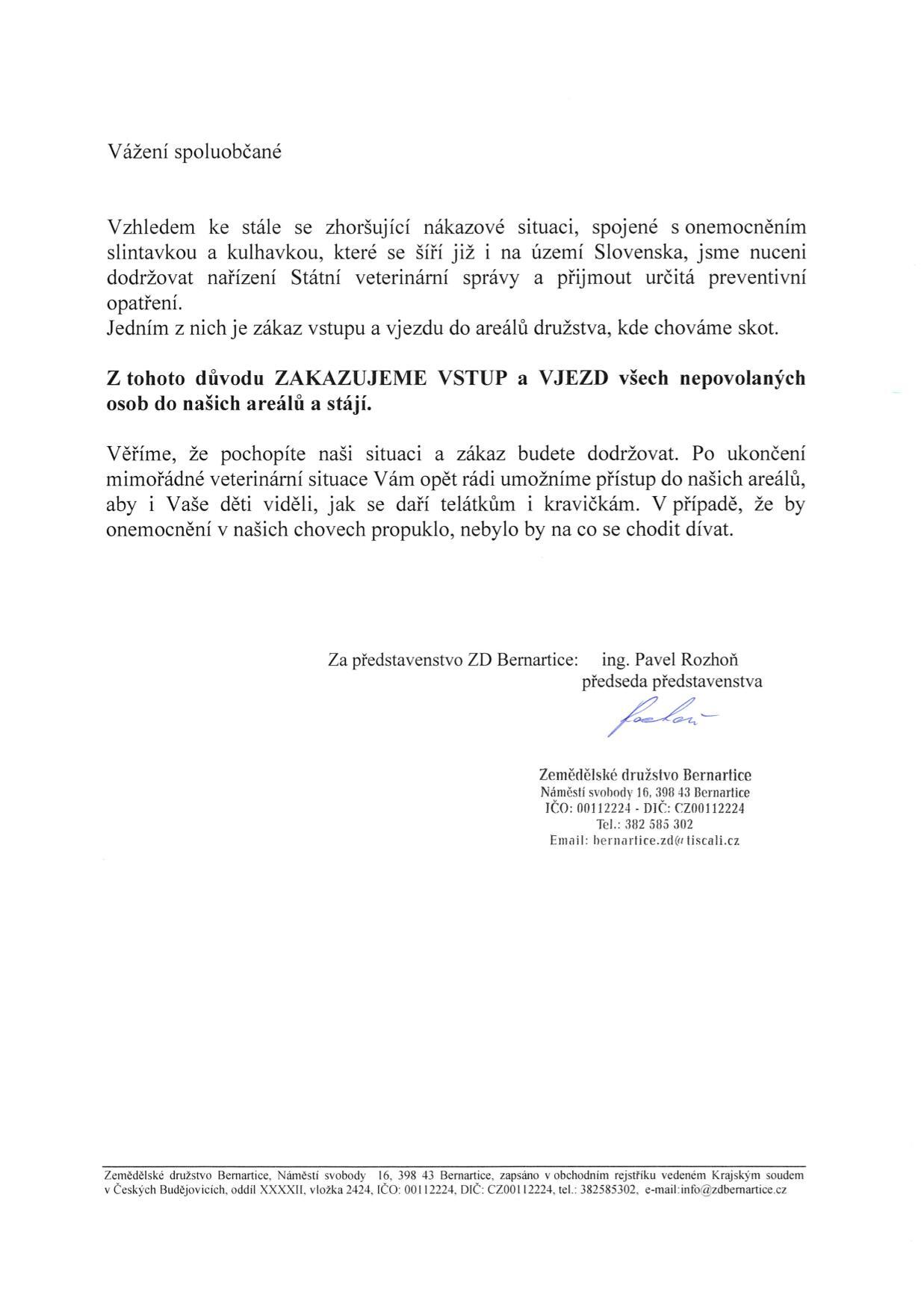 Oznámení zákazu vstupu do areálů ZD Bernartice nepovolaným osobám