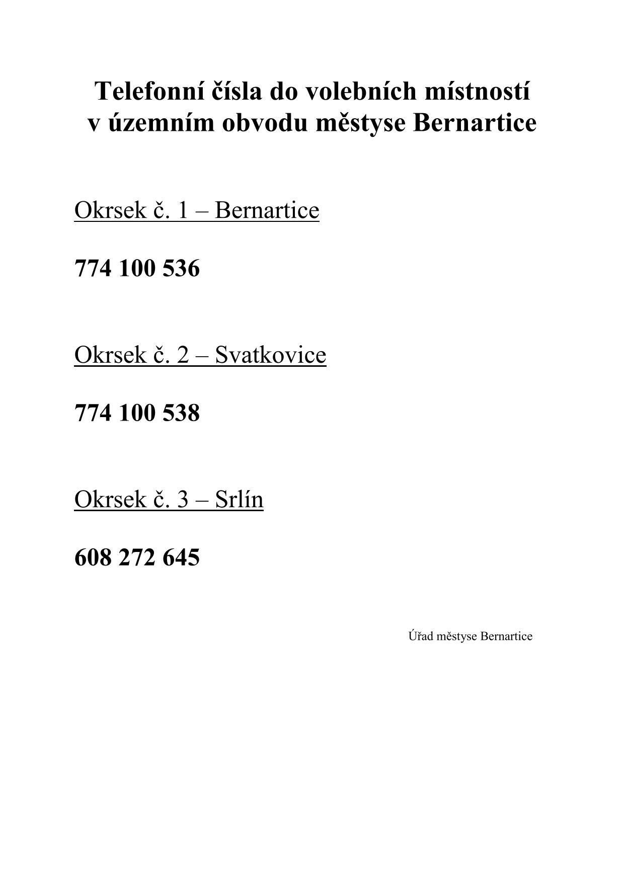 Telefonní čísla do volebních místností v územním obvodu městyse Bernartice