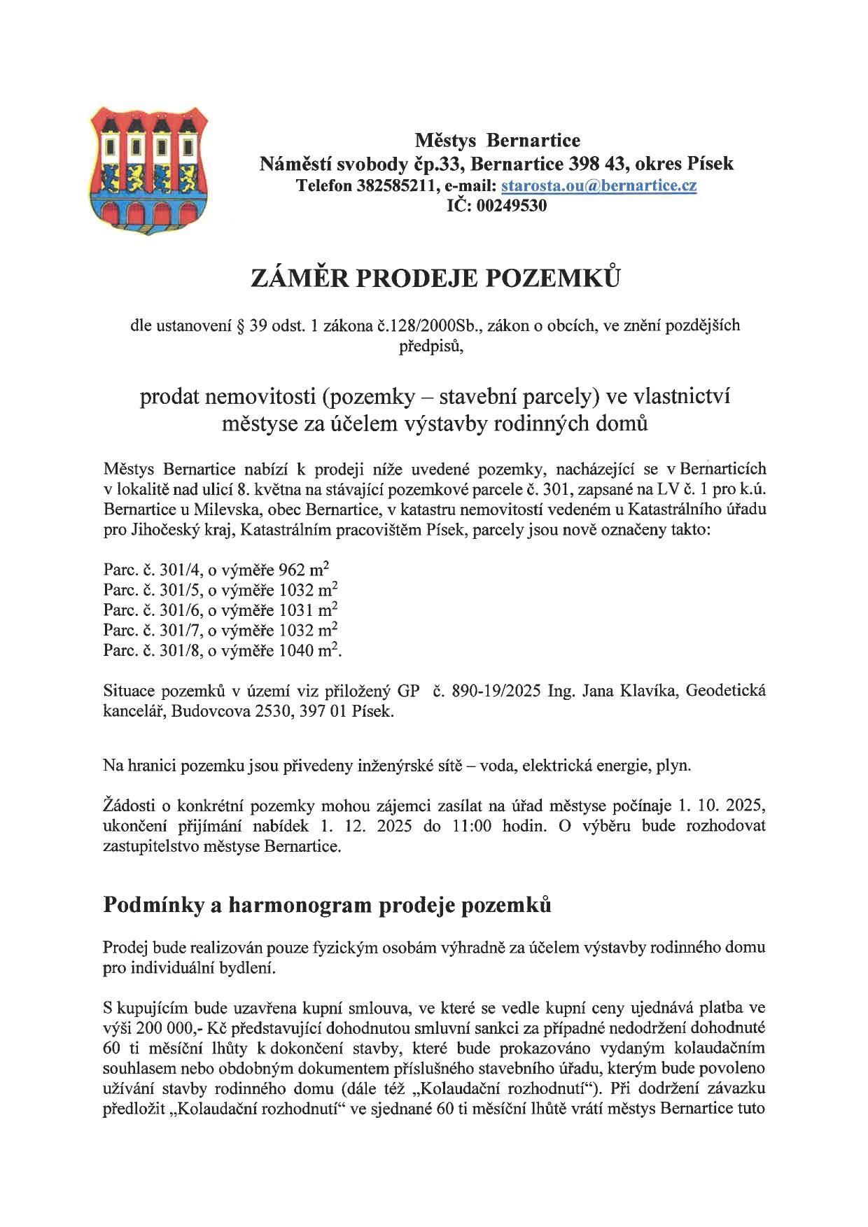 Městys Bernartice vyhlašuje záměr prodeje pozemků v lokalitě nad ulicí 8.května 