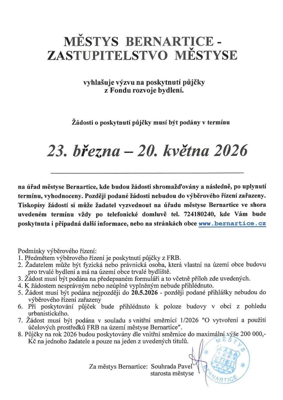 Městys Bernartice - zastupitelstvo městyse vyhlašuje výzvu na poskytnutí půjčky z Fondu rozvoje bydlení