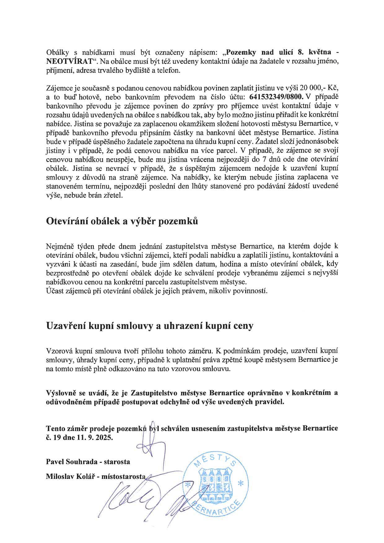 Městys Bernartice vyhlašuje záměr prodeje pozemků v lokalitě nad ulicí 8.května 
