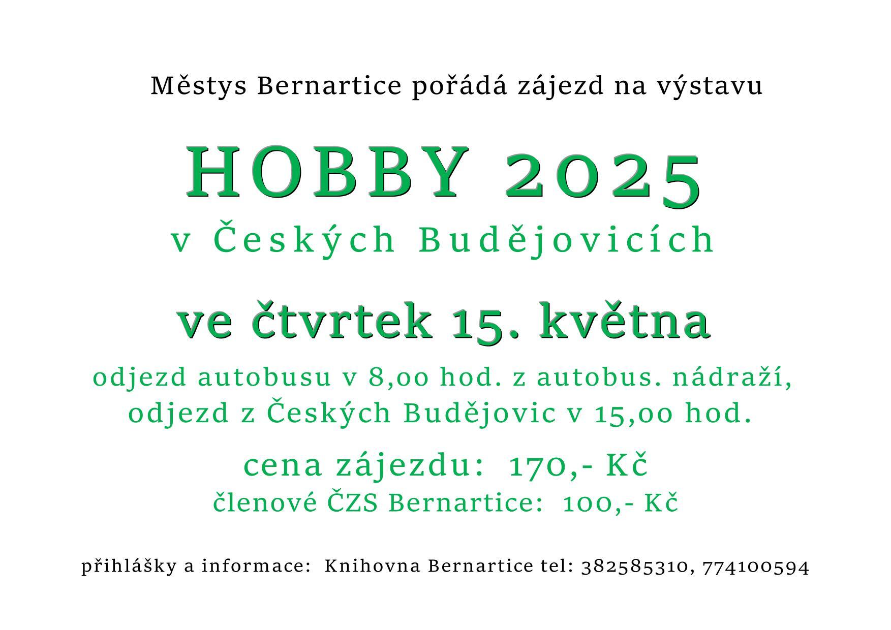 Městys Bernartice pořádá zájezd na výstavu HOBBY 2025 v Českých Budějovicích