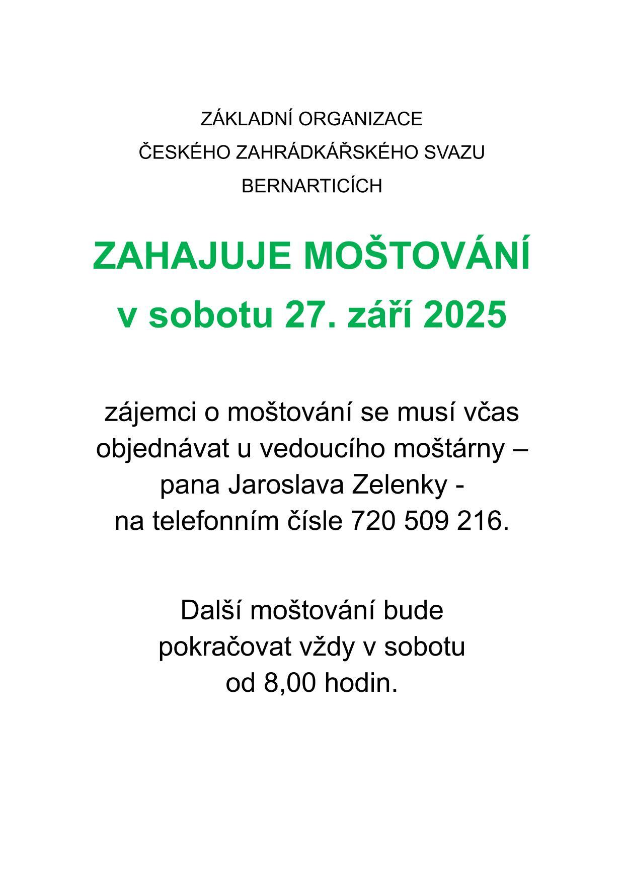Základní organizace Českého zahrádkářského svazu v Bernarticích zahajuje moštování