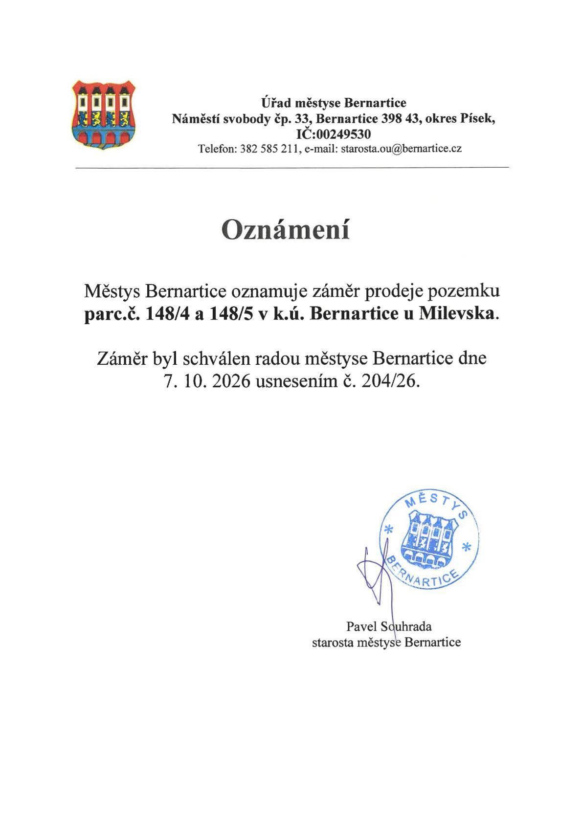 Městys Bernartice oznamuje záměr prodeje pozemku parc.č. 148/4 a 148/5 v k.ú. Bernartice u Milevska